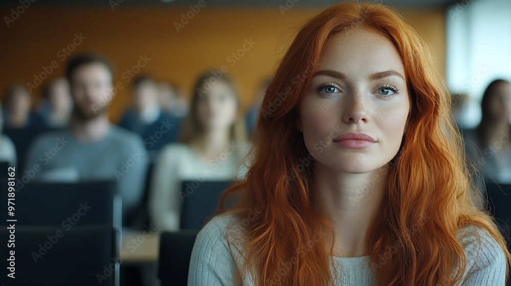 Poster A redhaired Caucasian businesswoman sits in the front row of an empty conference room Bearded man giving a lecture : Generative AI