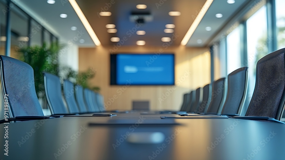 Poster New board room with table chairs and LCD display on wall : Generative AI