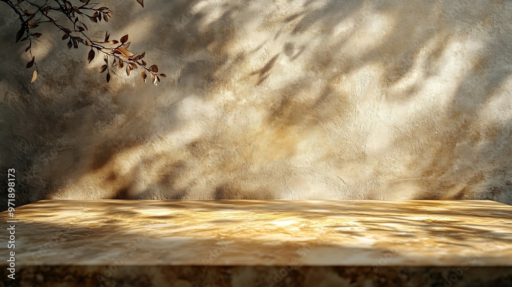 Leinwandbilder gold marble table with nature shadow on concrete wall texture background suitable for cosmetic produ