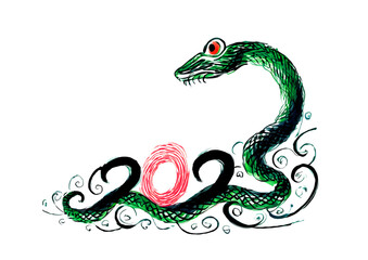 Obraz premium Happy New Year 2025. Colorful snake on abstract background.