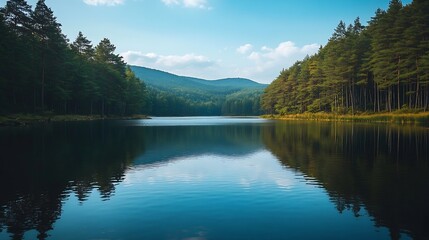 Obraz premium Lake Between Forests And Mountains : Generative AI