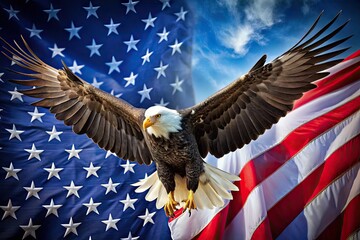 Naklejka premium Majestic bald eagle with outstretched wings and sharp talons soars against a vibrant blue and white star-spangled background, evoking freedom and patriotism.