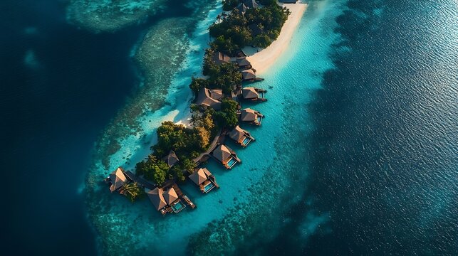 Aerial view of luxury resort with overwater bungalow Ismehela Hera Addu Atoll Maldives : Generative AI