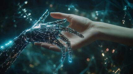 Hands of robot and human holding big data of global network connection Cooperation between people and machine technology concept AI technology development and global robotic science : Generative AI