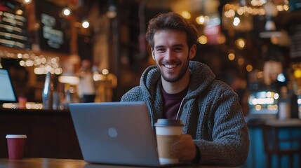 Smiling man surfing the net on laptop while drinking coffee in a bar : Generative AI
