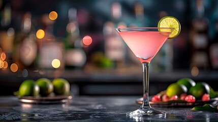 A classic Cosmopolitan cocktail served in a martini glass, with a light pink hue and a lime twist garnish. The glass is set on a sleek bar counter with a chic, urban background, 