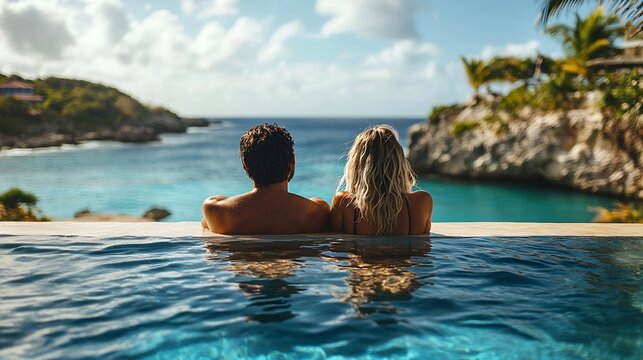 Curacao a couple man and woman mid age relaxing by the swimming pool during vacation men and girl by the pool in Curacao during holiday at a tropical island luxury vacation : Generative AI