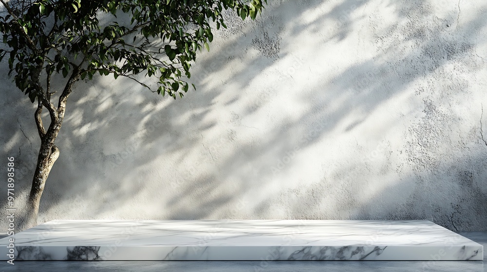 Aufkleber Minimal White Marble Table Corner with Tree Shadow on Concrete Wall Background Suitable for Product Presentation Backdrop Display and Mock up : Generative AI