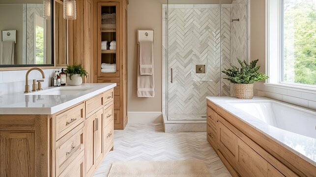 A bathroom with a natural wood cabinet with a white marble countertop white herringbone tile around the tub and a walkin shower with large tiles : Generative AI