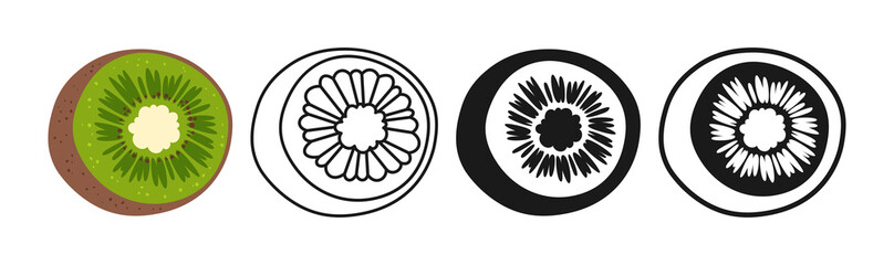 Kiwi symbol cartoon set. Half kiwi linear doodle icon. Abstract colorful childish hand drawn kawaii fruit. Sign graphic stylized kiwi simple cute linear art. Vector clipart graphic trendy illustration