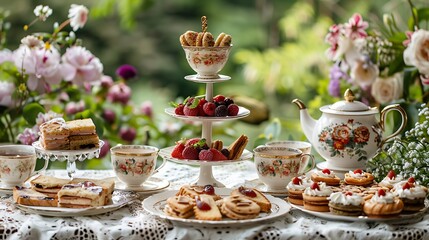 Fototapeta premium A traditional English afternoon tea set, complete with a teapot, teacups, and an assortment of finger sandwiches and pastries. The set is arranged on a white lace tablecloth with a garden backdrop, 