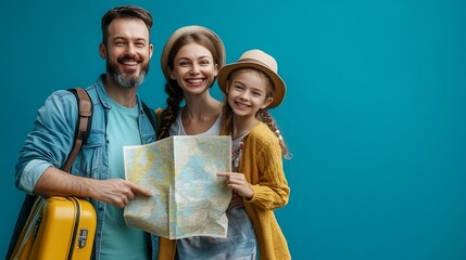 Family travel Excited parents with daughter man carrying suitcase and girl holding map mother pointing aside at copy space on blue background : Generative AI