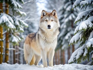 Obraz premium Majestic gray and white Siberian wolf standing regally in a snow-covered forest, its piercing yellow eyes gazing intensely into the frozen wilderness.