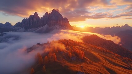 Fototapeta premium Mountains in low clouds at sunset in autumn in Dolomites Italy Landscape with alpine mountain hills in fog orange trees and grass in fall colorful sky with golden sunbeams Aerial view : Generative AI