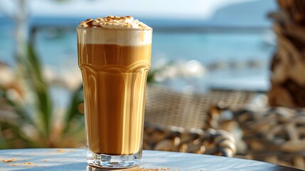 An authentic Greek frappe coffee with a thick layer of foam, served in a tall glass. The glass is set against a backdrop of a sunny Mediterranean café, with a view of the sea, 