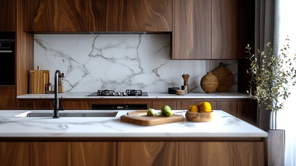 Modern interior with wooden kitchen furniture and white marble countertop Design of dark brown cabinet cupboard and well organized space for storage products Induction stove hood sink  : Generative AI