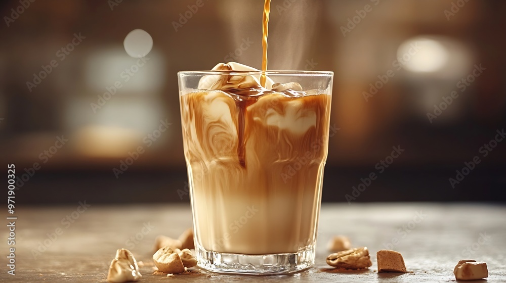 Poster ice coffee or latte with cream being poured into it a glass : generative ai