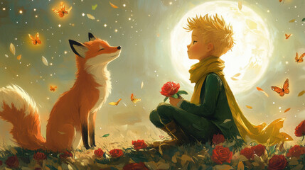 A boy with green and yellow scarf sits peacefully with fox, surrounded by roses and butterflies under glowing moon. scene radiates warmth and tranquility
