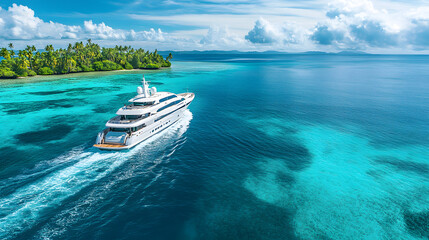 A high-tech superyacht sailing near a tropical island with crystal-clear water and a bright blue sky.