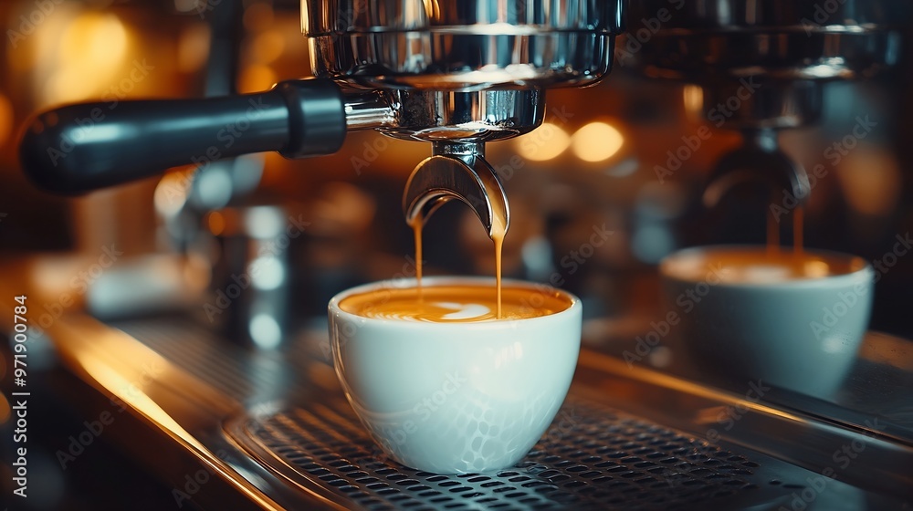 Poster professional espresso machine while preparing espressos coffee cup in a coffee shop closeup of espre