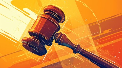 Digital art of a court hammer featuring a digital graphic form, featuring bold color elements and shining lights to symbolize innovation and legal security.