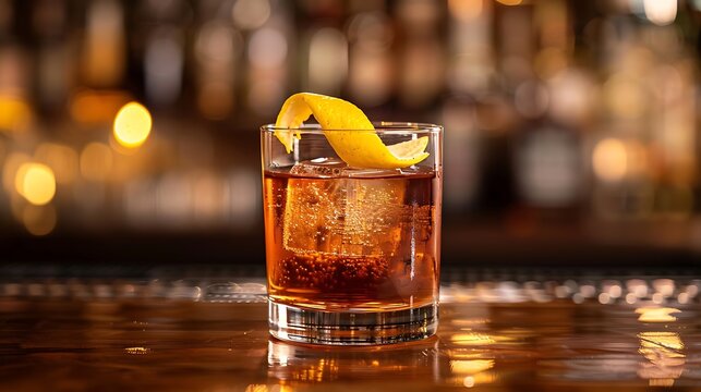A classic New Orleans sazerac cocktail, garnished with a lemon twist and served in a lowball glass. The drink is set on a polished wooden bar with a dim, elegant background, 