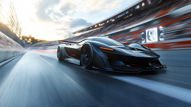 A hypercar concept vehicle speeding along a futuristic racetrack with holographic displays showing its lap time and speed.