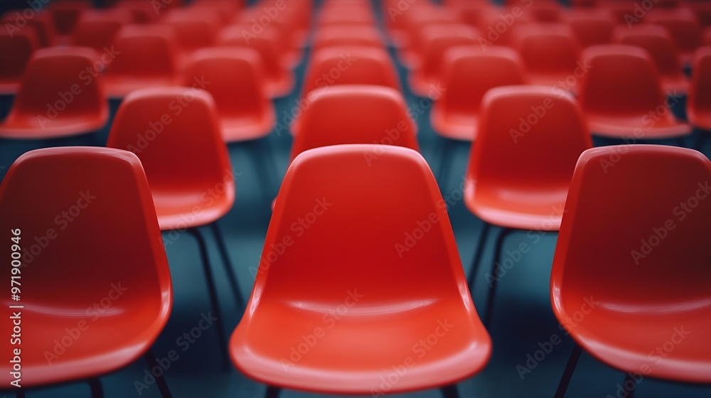 Aufkleber ranges of empty red chairs closeup shot : generative ai