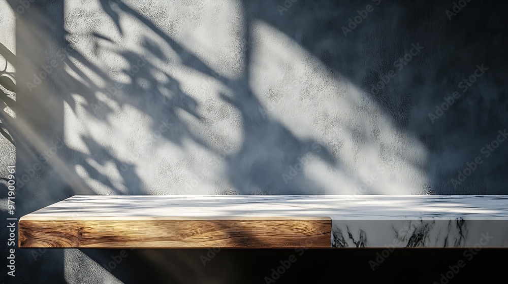 Poster Marble table with wooden top table corner with light beam from window on wall background Suitable for Product Presentation Backdrop Display and Mock up : Generative AI