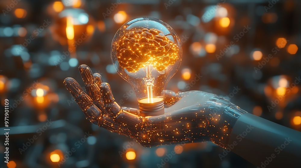 Leinwandbilder AI machine learning robot hands and human touch on big data networks creative brain data in light bulbs artificial intelligence science and technology and future innovations that help  : Generative AI