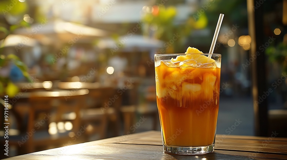 Leinwandbilder iced coffee with pineapple juice in a glass with a straw on the table on the summer terrace espresso