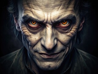 Menacing eyes gleam with malice from a twisted, contorted face, dark shadows accentuating sinister features and cruel intentions in a chilling, ominous portrait.