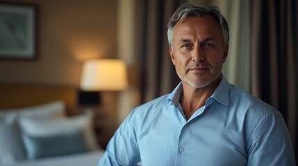 Obraz premium Mature businessman in a hotel room : Generative AI