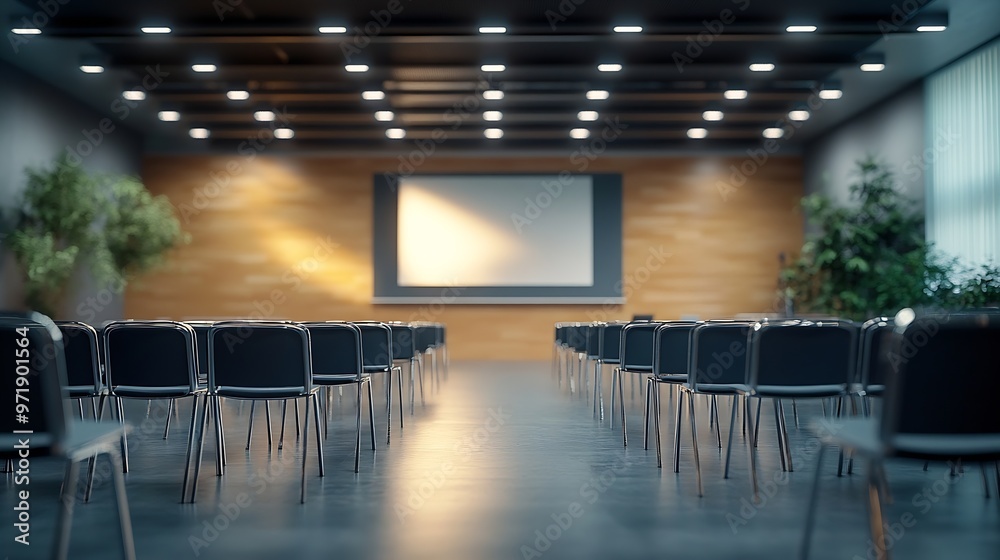 Poster conference room typical empty conference room with chairs and lcd projector : generative ai