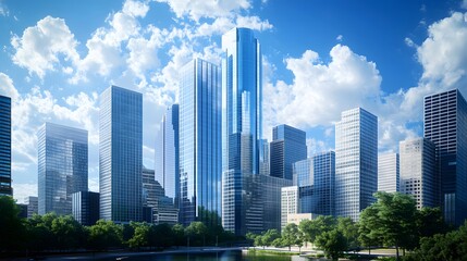 Obraz premium Modern Skyscrapers with Blue Sky and Fluffy Clouds