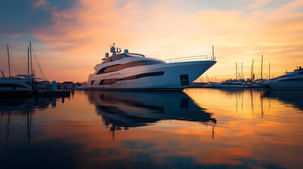 Obraz premium A modern yacht docked in a pristine marina at sunset with reflections on the water.