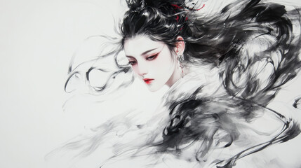 Fototapeta premium A captivating portrait of woman with flowing black hair and striking features, set against pure white background. artwork conveys sense of mystery and elegance, with delicate brush strokes enhancing h