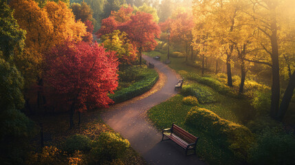 Naklejka premium High-altitude view of a peaceful autumn park, colorful trees in shades of red and gold lining the paths, leaves swirling in the breeze, with benches bathed in soft golden sunlight.