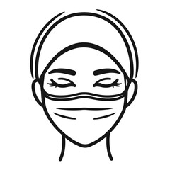 A simplistic illustration of a person with closed eyes, wearing a face mask and head covering, highlighting health awareness and safety practices