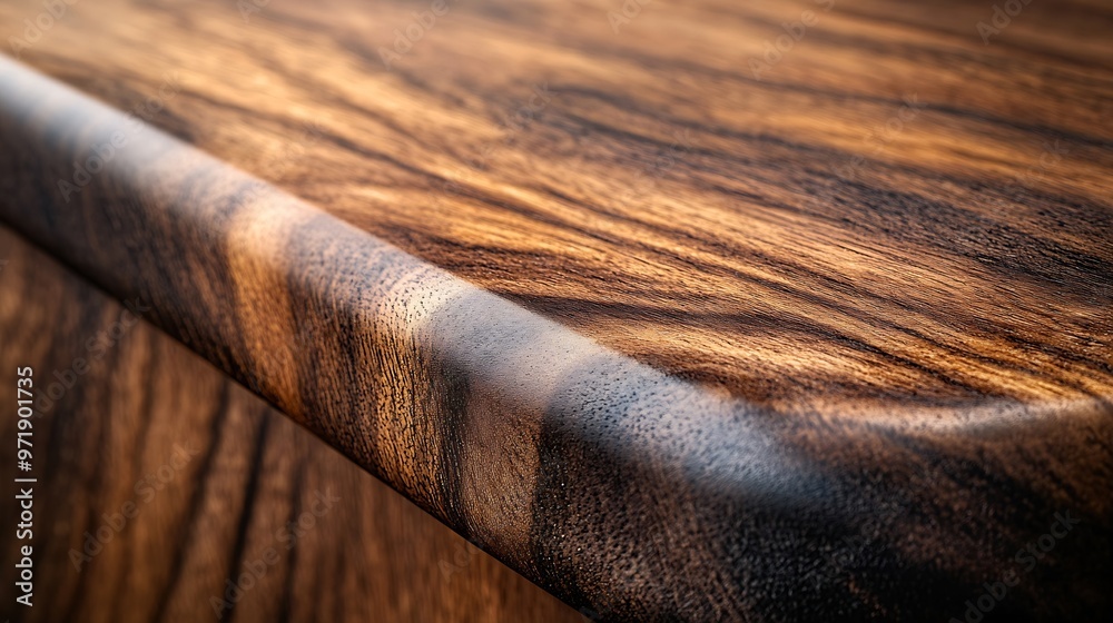Aufkleber dark brown walnut wooden table corner at foreground used as product displayed isolated on background with clipping path perspective view of wood table showing edge of table : Generative AI