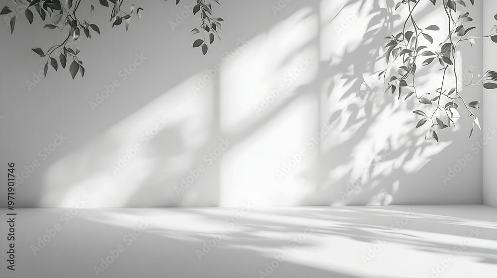 Leinwandbilder White Abstract Minimalistic Room studio background with leafs shadows and sunlight summer white room light clean empty background  place for product placement and design background bac : Generative AI