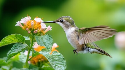 Fototapeta premium A juvenile Rubythroated humming bird feeding on a flower Ontario Canada : Generative AI
