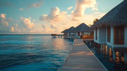 Obraz premium Maldives island luxury water villas resort and wooden pier Beautiful island under blue sky and clouds and beach background for summer vacation holiday and travel concept Tropical hotel : Generative AI