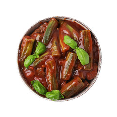 Tasty stew with okra, tomato sauce and basil isolated on white, top view