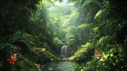 Fototapeta premium Tropical Waterfall in Lush Rainforest