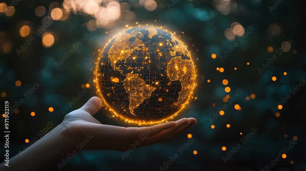 Leinwandbilder hand shows the globe concept of global internet connection big data digital link technology and busi