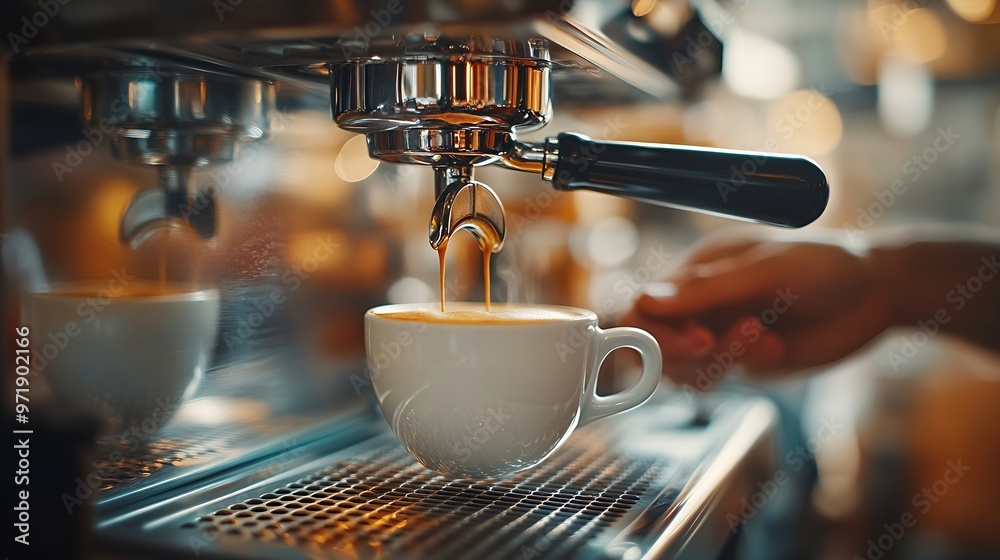 Fototapete barista is making espresso coffee with an automatic coffee machine ready to serve customers in the c