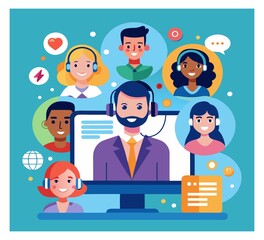 Online customer service, representative assisting via chat, flat design illustration,a receptionist with headphones with microphone in front of a Laptop in an office working with minimalist background