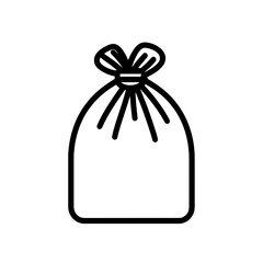 This design showcases a black outline of a tied bag with a rounded base and drawstring at the top, suitable for representing storage, packaging, or waste