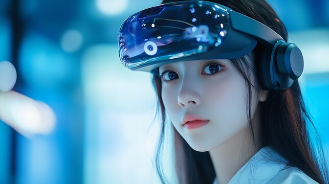 Metaverse app STEM platform developer future skill job workforce for asia people young woman work at home office wear VR headset typing test game on AI IT cyber security cloud computin : Generative AI